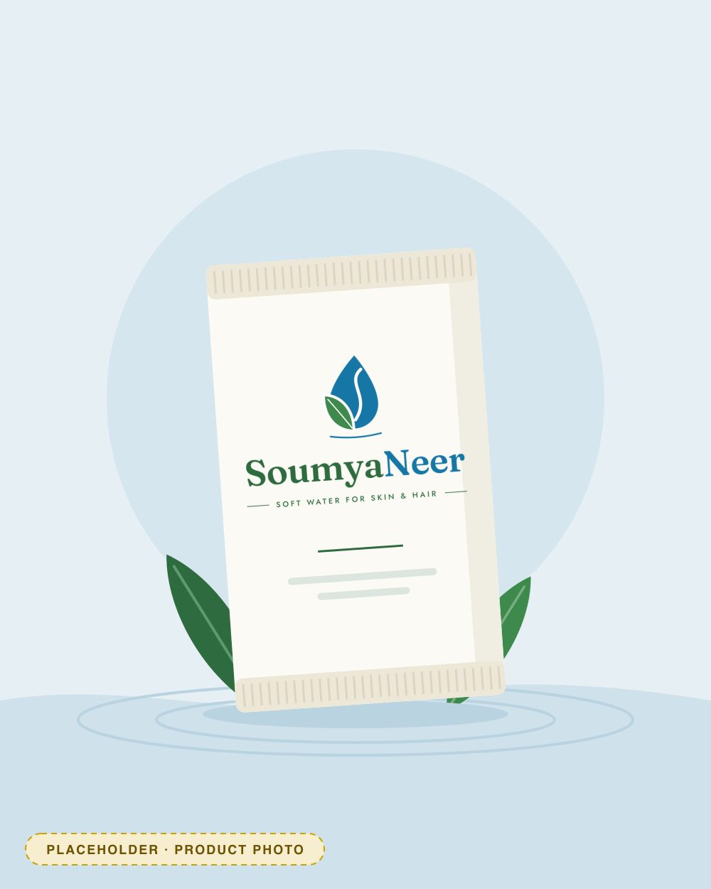 Illustration of a SoumyaNeer sachet resting on bath water with two green leaves (placeholder until the product photo is added)